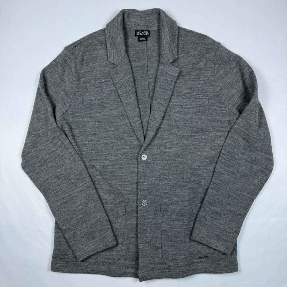 Michael Kors Knit Blazer Mens Large Gray 100% Wool 2-Button Sweater Jacket F28